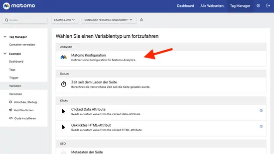 Neue Variable anlegen: Matomo Konfiguration