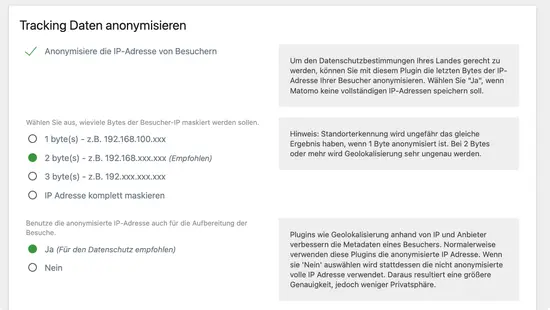 Screenshot der Einstellungen zur Anonymisierung der IP-Adresse