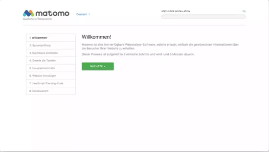Matomo Installation: Willkommens-Bildschirm