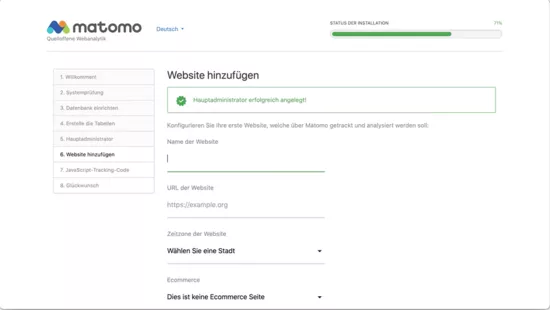 Matomo Installation: Einrichten der Website
