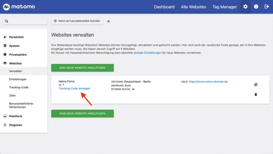 Matomo Installation: Javascript Tracking Code anzeigen