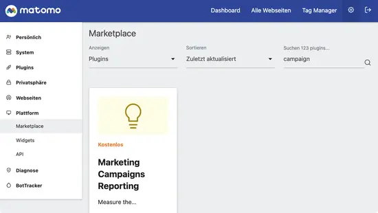 Matomo Marketplace. Suche nach »campaign« und klicke auf »Installieren«