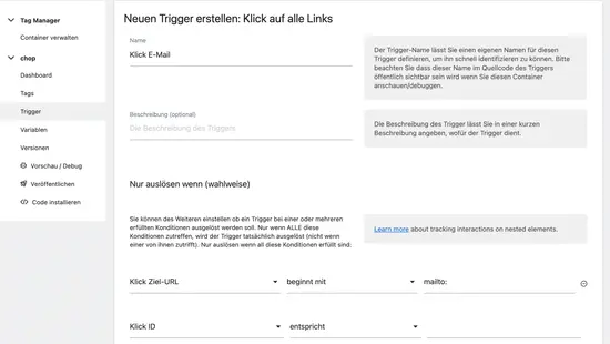 Matomo Tag Manager Trigger für E-Mail-Adressen