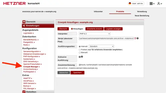 Cronjob in der KonsoleH von Hetzner anlegen