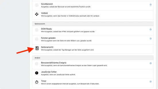 Neuen Trigger anlegen: Hier den Typ Seitenansicht auswählen